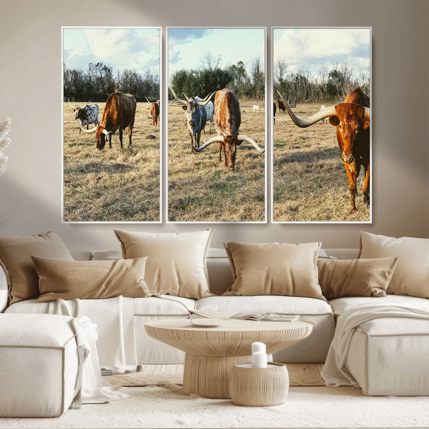39144651-MGV-CV-36X24-Texas Longhorns Wall Art Canvas Print, Framed Rustic Farm Scene Art Picture Print, Western Cattle Perfect Rustic Farmhouse Decor