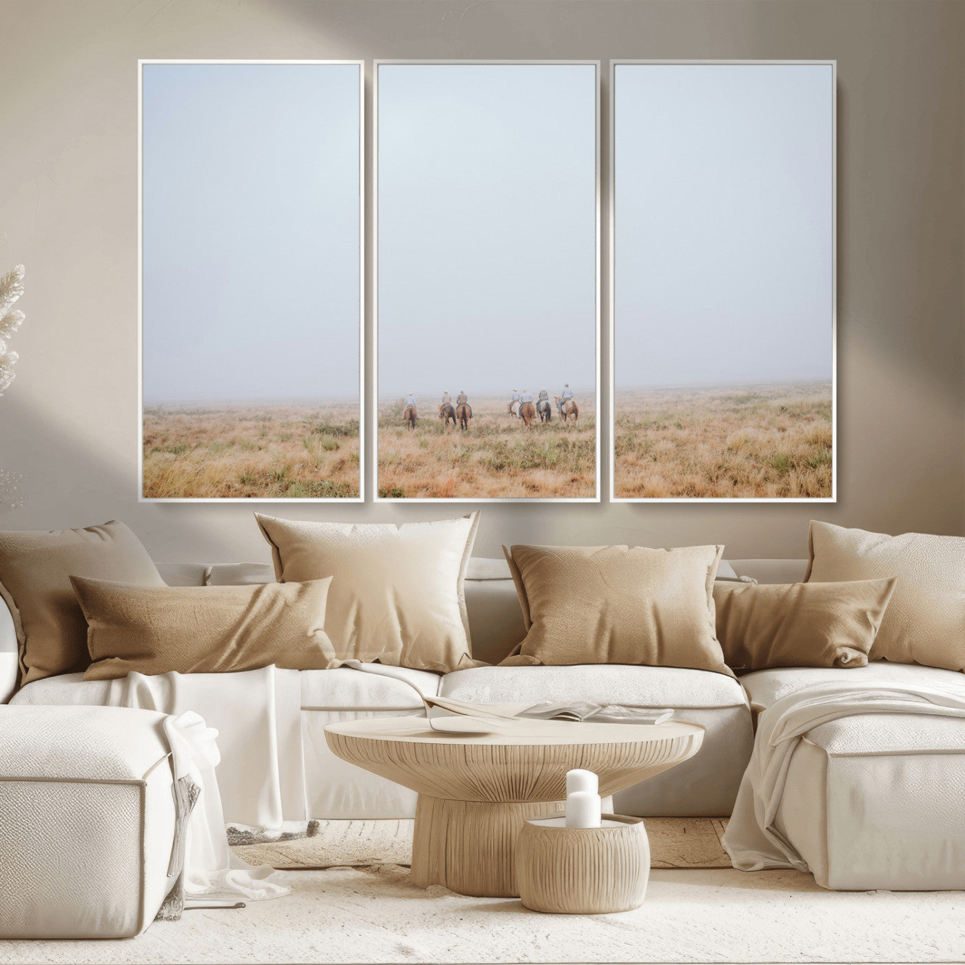 14761944-MGV-CV-36X24-Foggy Plains Wall Art Canvas Print, Framed Horseback Riders Art Picture Print, Rustic Western Perfect Rustic Western Decor Artwork