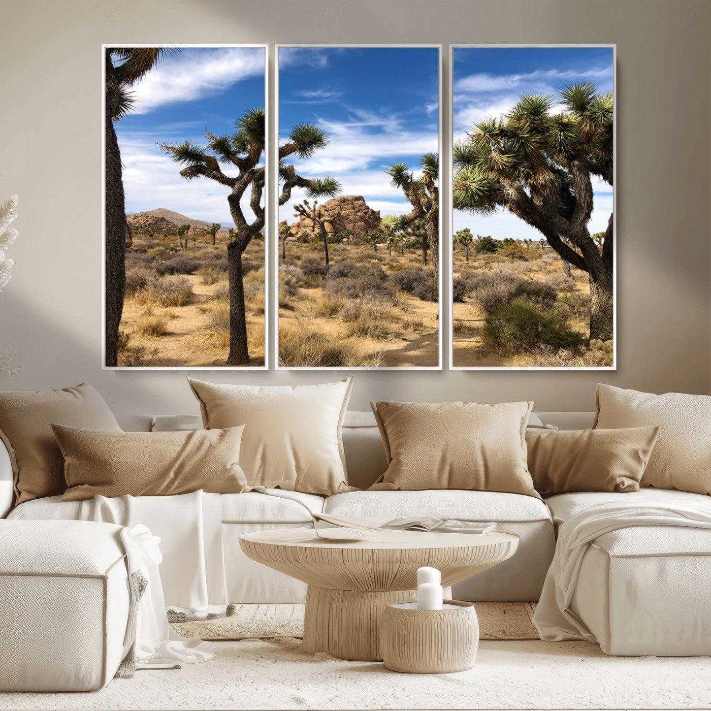 25722592-MGV-FC-48X32-3P_White-Joshua Tree Desert Wall Art Canvas Print, Framed Southwestern Nature Art Picture Print, Rustic Earth Tones Perfect Southwestern