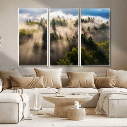 14785710-MGV-CV-36X24-Tranquil Forest Scene Wall Art Canvas Print, Framed Sunbeam Through Trees Art Picture Print, Moody Green Wall Art Perfect