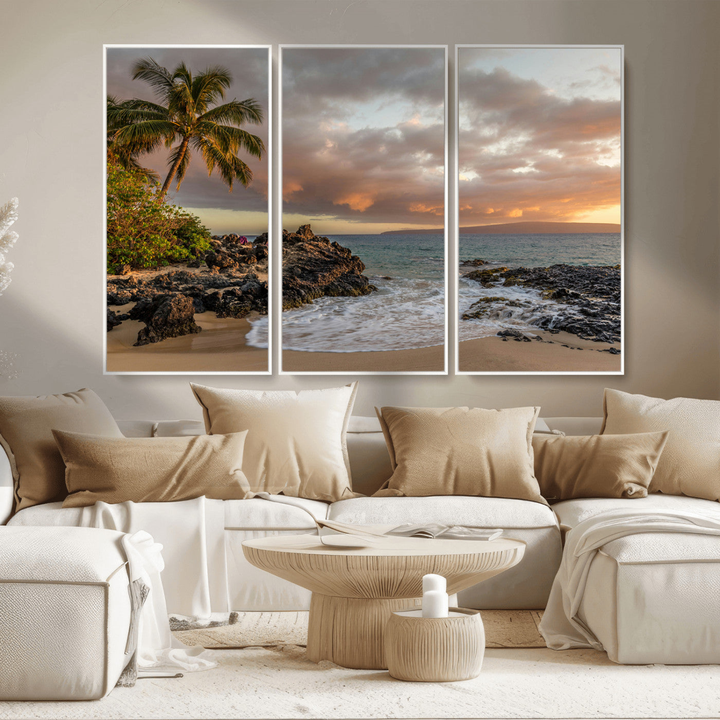 55108220-MGV-CV-36X24-Tropical Beach Wall Art Canvas Print, Framed Hawaiian Sunset Art Picture Print, Ocean Waves Perfect Coastal Tropical Decor Artwork
