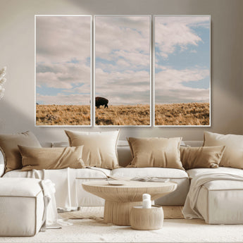 22754563-MGV-CV-36X24-Earthy Tones Wall Art Canvas Print, Framed Rustic Nature Art Picture Print, Solitary Buffalo Perfect Western Minimalist Decor