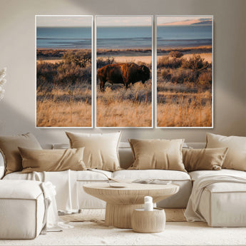39509187-MGV-CV-36X24-Western Wildlife Wall Art Canvas Print, Framed Bison Art Picture Print, Golden Hour Perfect Western Rustic Decor Artwork