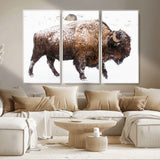 94261165-MGV-FC-48X32-3P_White-Snowy Buffalo Wall Art Canvas Print, Framed Wildlife Photography Art Picture Print, Brown Tones Perfect Rustic Lodge Decor Decor