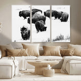 18914414-MGV-CV-36X24-Buffalo Herd Wall Art Canvas Print, Framed Black and White Art Picture Print, Snowy Landscape Perfect Rustic Lodge Decor Decor