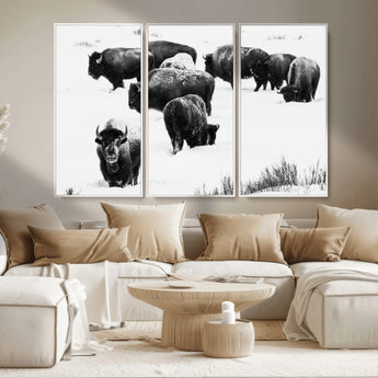 18914414-MGV-CV-36X24-Buffalo Herd Wall Art Canvas Print, Framed Black and White Art Picture Print, Snowy Landscape Perfect Rustic Lodge Decor Decor