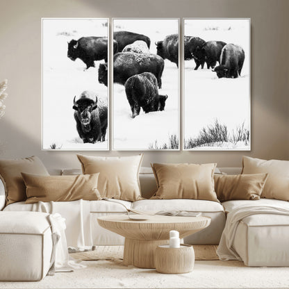 18914414-MGV-CV-36X24-Buffalo Herd Wall Art Canvas Print, Framed Black and White Art Picture Print, Snowy Landscape Perfect Rustic Lodge Decor Decor