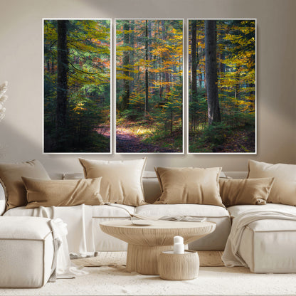 65810864-MGV-CV-36X24-Autumn Forest Wall Art Canvas Print, Framed Fall Woodland Art Picture Print, Golden Leaves Perfect Rustic Farmhouse Decor Artwork