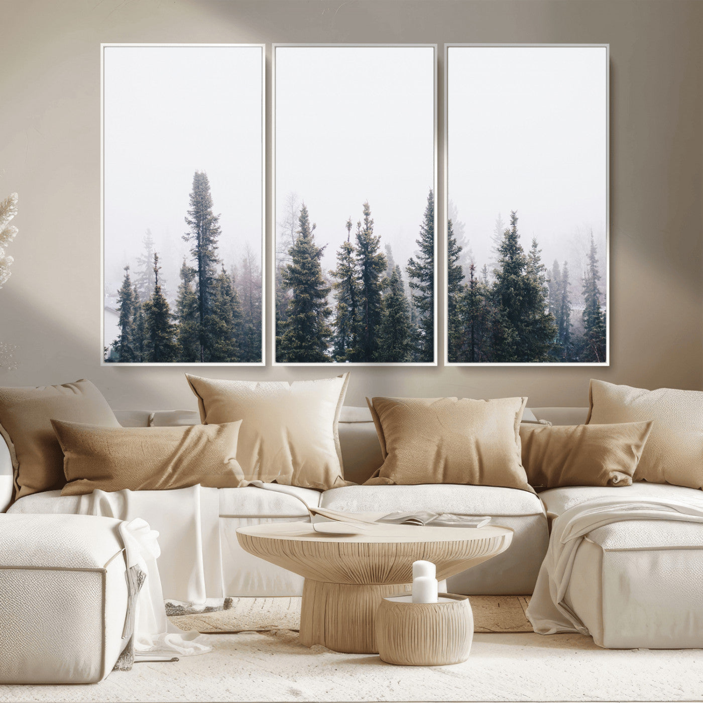 42364796-MGV-CV-36X24-Foggy Forest Wall Art Canvas Print, Framed Misty Pines Art Picture Print, Moody Woodland Perfect Scandinavian Minimalist Decor