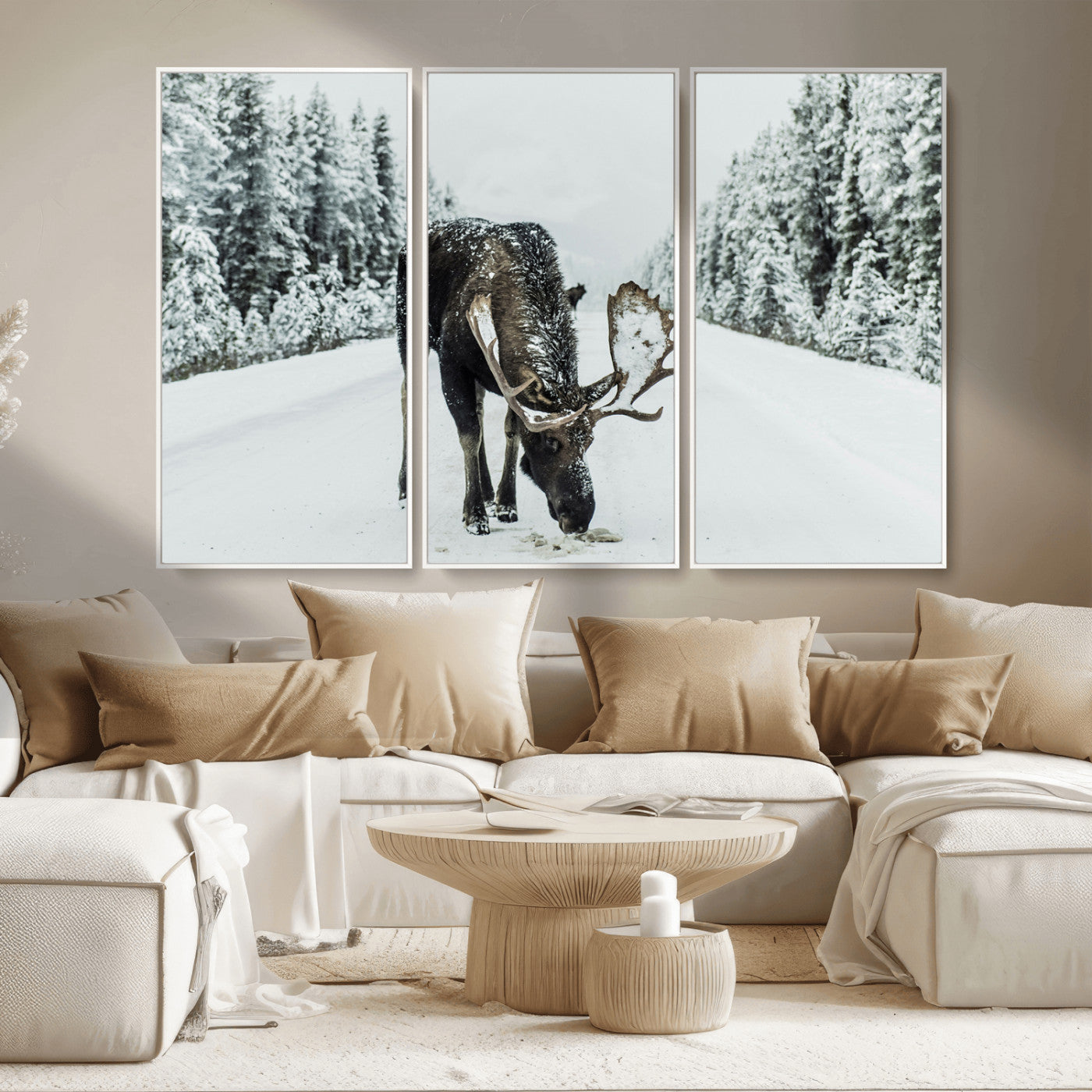 13316292-MGV-CV-36X24-Moose in Snow Wall Art Canvas Print, Framed Winter Wildlife Art Picture Print, Snowy Forest Scene Perfect Rustic Lodge Decor