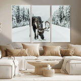13316292-MGV-CV-36X24-Moose in Snow Wall Art Canvas Print, Framed Winter Wildlife Art Picture Print, Snowy Forest Scene Perfect Rustic Lodge Decor