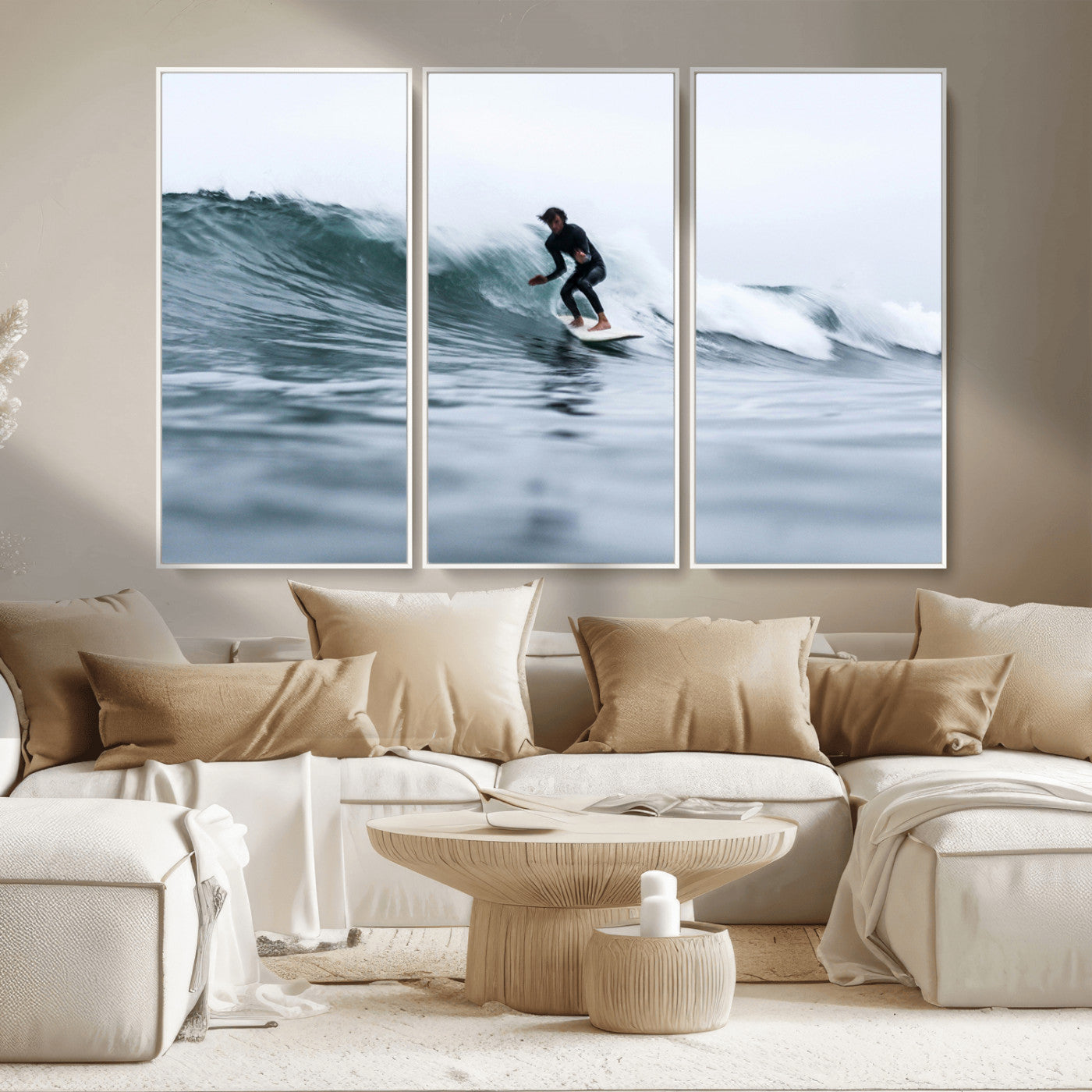 11693607-MGV-CV-36X24-Surfer on Wave Wall Art Canvas Print, Framed Ocean Adventure Art Picture Print, Motion Blur Water Perfect Coastal Adventure Decor