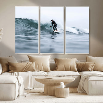 11693607-MGV-CV-36X24-Surfer on Wave Wall Art Canvas Print, Framed Ocean Adventure Art Picture Print, Motion Blur Water Perfect Coastal Adventure Decor