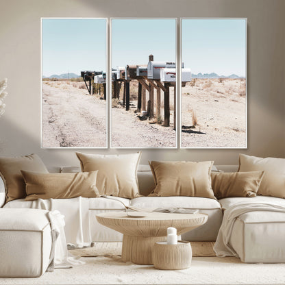 54616109-MGV-CV-36X24-Desert Mailboxes Wall Art – Rustic Rural Roadside Photography Canvas Print, American Southwest Landscape Home Decor for Living