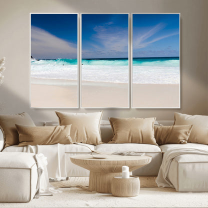 55017356-MGV-CV-36X24-Ocean Beach Wall Art – Turquoise Wave and White Sand Shoreline Canvas Print, Coastal Seascape Photography Decor for Living Room,