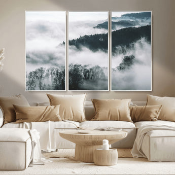 67569654-MGV-CV-36X24-Foggy Forest Wall Art – Mist Covered Hills and Trees Landscape Canvas Print, Moody Nature Photography Decor for Living Room,