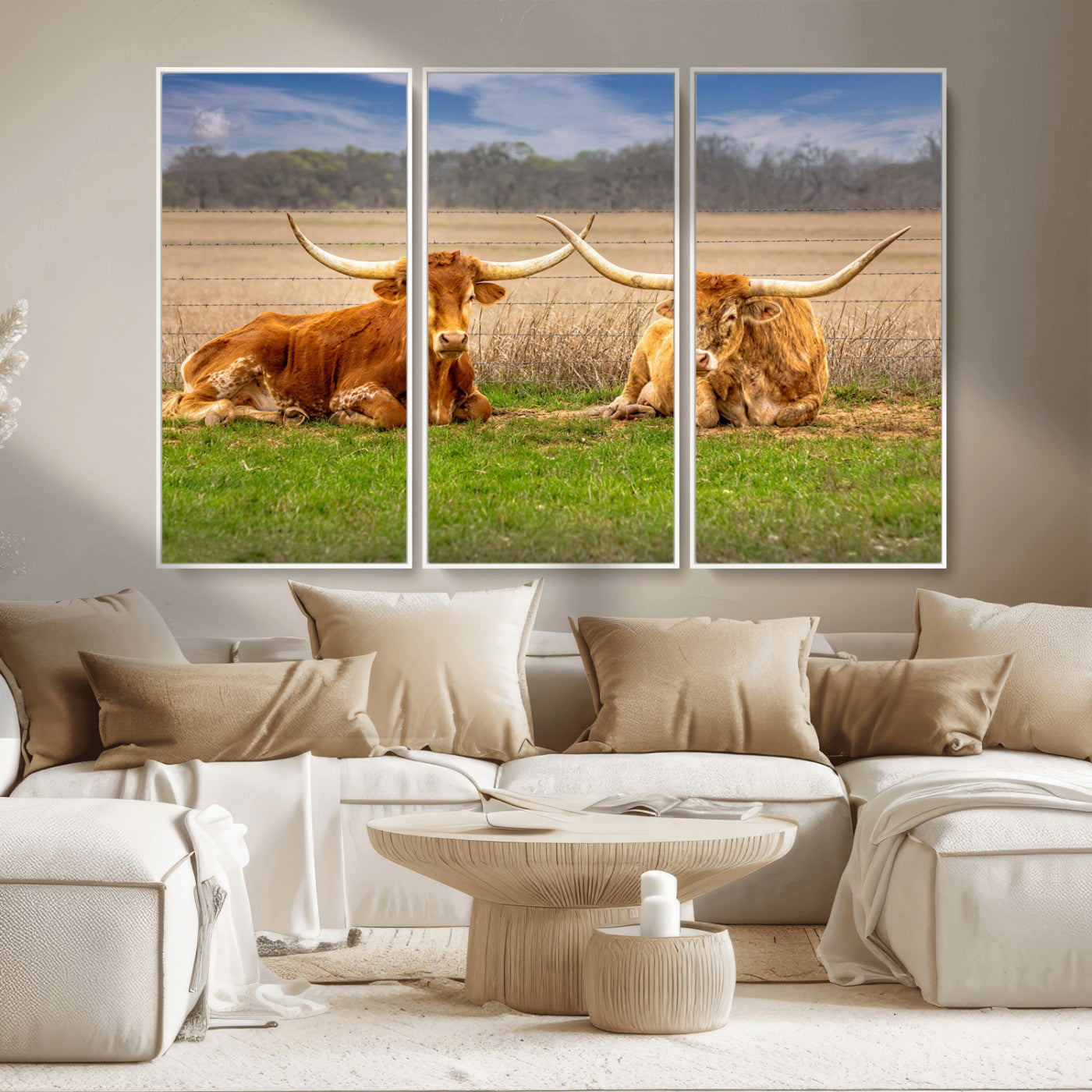 54598515-MGV-CV-36X24-Texas Longhorns Wall Art – Rustic Cattle Ranch Canvas Print, Western Farmhouse Animal Photography Decor for Living Room, Office,