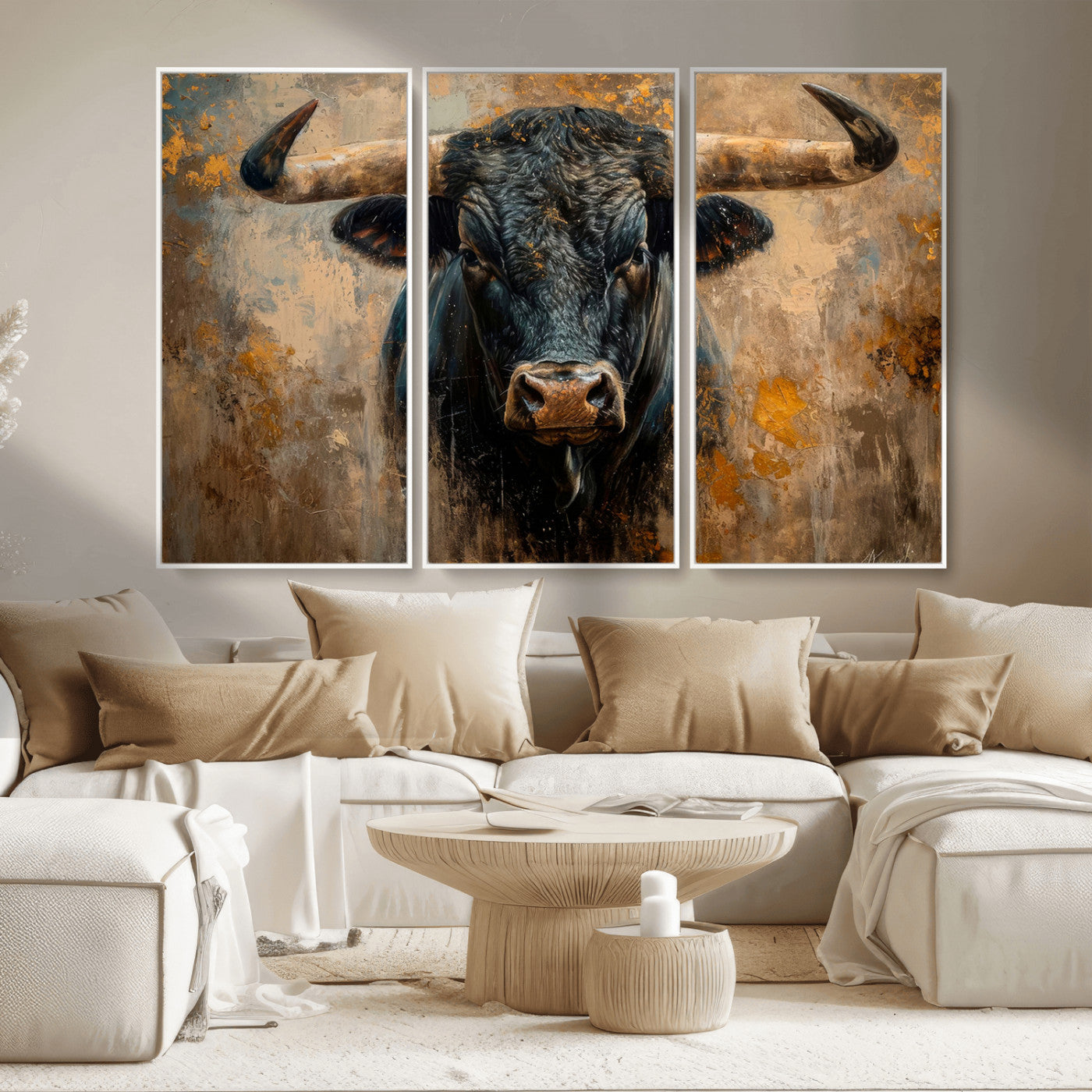 91615410-MGV-CV-36X24-Bull Wall Art – Rustic Western Longhorn Canvas Print, Powerful Abstract Animal Painting, Farmhouse Ranch Decor for Living Room,