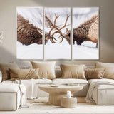 99240306-MGV-CV-36X24-Elk Wall Art – Two Bull Elk Fighting in Snow Canvas Print, Rustic Wildlife Artwork for Cabin, Lodge, Western Farmhouse, Nature &