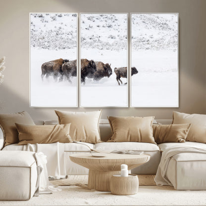 61161423-MGV-CV-36X24-Running Bison Herd Wall Art – Winter Buffalo Canvas Print, Wildlife Photography Decor for Rustic Living Room, Farmhouse, Lodge,