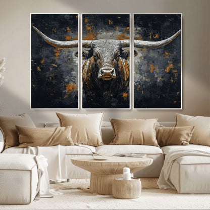 93195031-MGV-CV-36X24-Dark Longhorn Bull Wall Art – Western Steer Canvas Print, Moody Rustic Animal Painting for Man Cave, Ranch House, Office or Modern