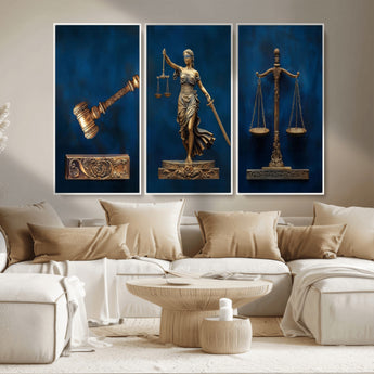 91629053-MGV-CV-36X24-Lady Justice Wall Art – Golden Gavel and Scales Canvas Print, Elegant Legal Office Decor for Lawyers, Judges, Courtroom or Study