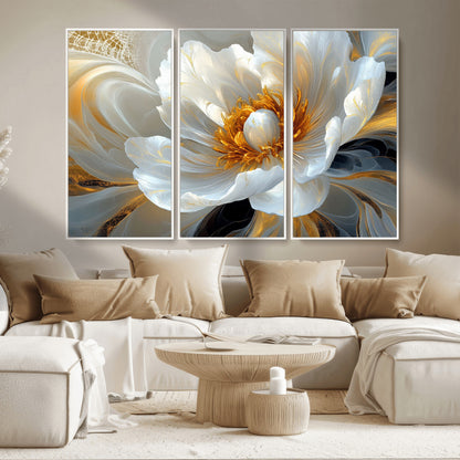 39604126-MGV-CV-36X24-Abstract Flower Wall Art – Elegant White and Gold Bloom Canvas Print, Modern Floral Artwork for Bedroom, Living Room, or Office