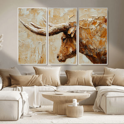 69611428-MGV-CV-36X24-Longhorn Bull Wall Art – Rustic Western Canvas Print, Textured Farmhouse Cattle Painting for Living Room, Office, or Ranch House