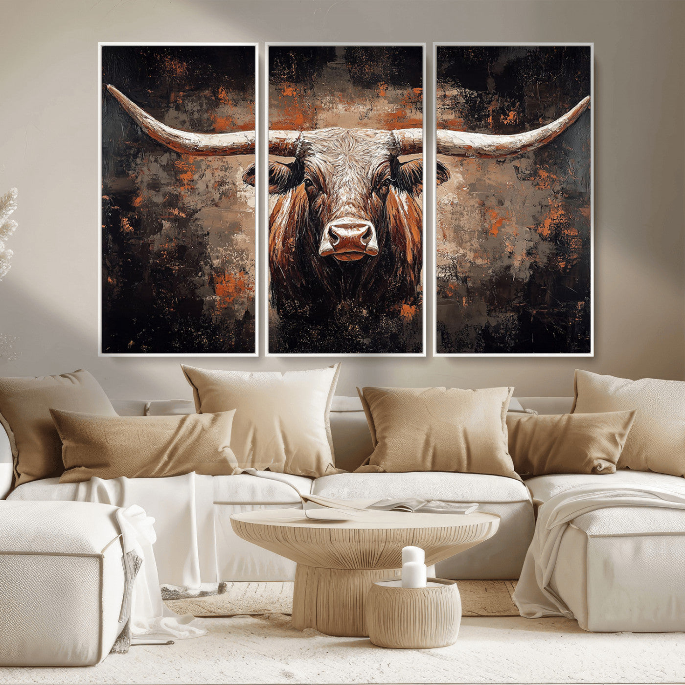24779067-MGV-CV-36X24-Longhorn Bull Wall Art – Western Rustic Canvas Print, Bold Cowboy Cattle Painting for Ranch House, Farmhouse, Office, or Living