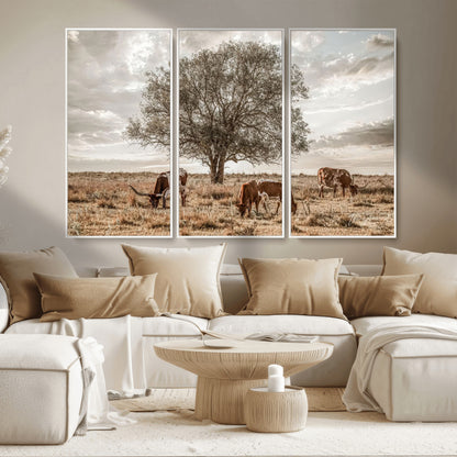 87590224-MGV-CV-36X24-Longhorn Cattle Wall Art – Rustic Western Landscape Canvas Print, Texas Farmhouse Prairie Scene for Living Room, Office, or Ranch