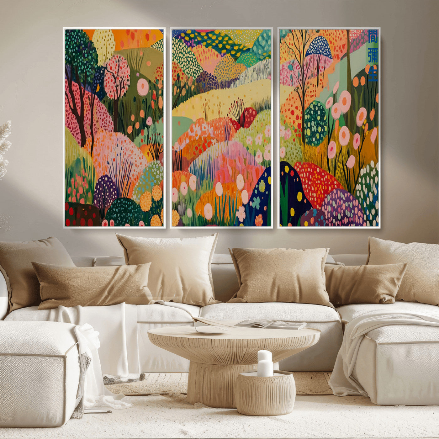79636380-MGV-FC-48X32-3P_White-Colorful Abstract Landscape Wall Art – Vibrant Hills and Flowers Canvas Print, Modern Whimsical Artwork for Living Room, Bedroom,