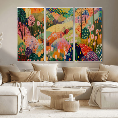 79636380-MGV-FC-48X32-3P_White-Colorful Abstract Landscape Wall Art – Vibrant Hills and Flowers Canvas Print, Modern Whimsical Artwork for Living Room, Bedroom,