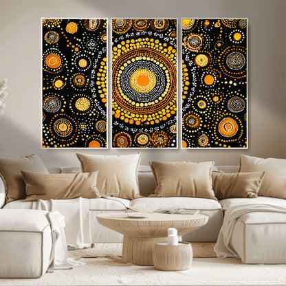 45478523-MGV-CV-36X24-Abstract Circle Wall Art – Bold Black and Gold Dot Painting Canvas Print, Modern Geometric Mandala Style Decor for Living Room or