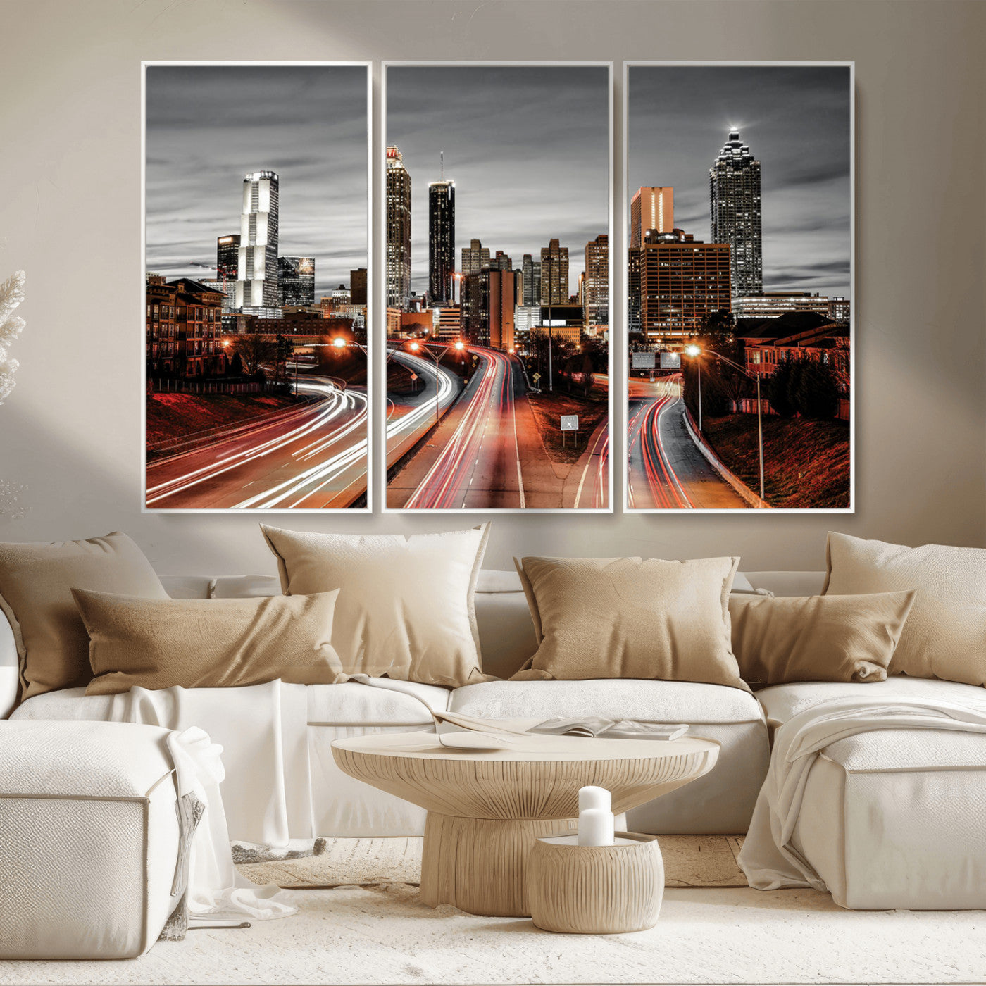 59097239-MGV-CV-36X24-City Skyline Wall Art – Modern Black and White Night Canvas Print with Red Light Trails, Urban Landscape Decor for Living Room or
