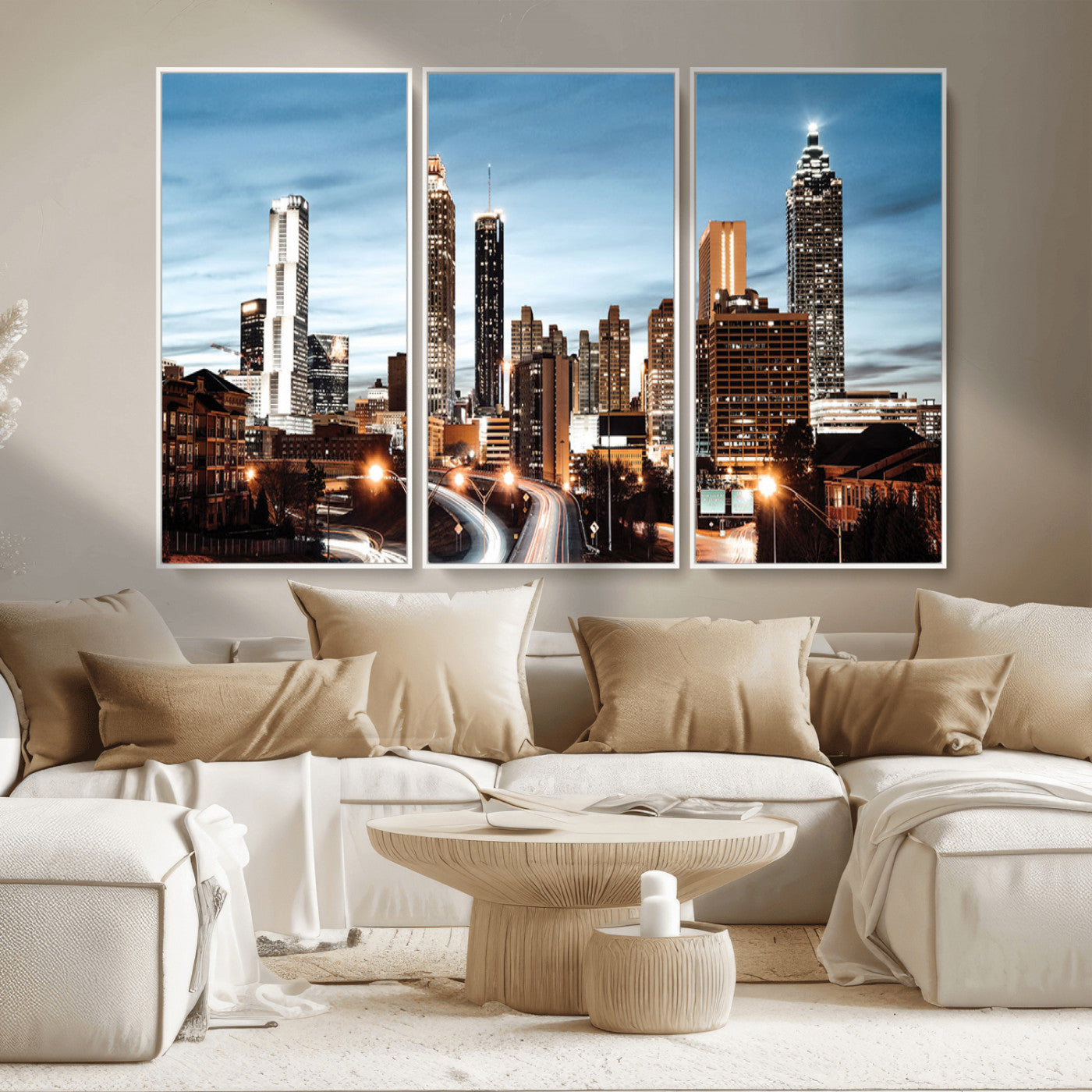 23859158-MGV-CV-36X24-Atlanta Skyline Wall Art – Modern Cityscape Canvas Print with Night Lights and Traffic Trails, Urban Decor for Office, Apartment,