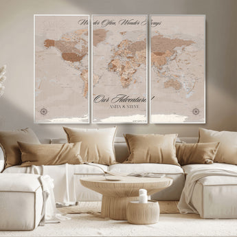 95243244-MGV-CV-36X24-Wander Often Wonder Always World Map Wall Art – Neutral Beige Adventure Canvas Print, Rustic Boho Travel Decor for Bedroom, Living