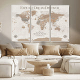 63516865-MGV-CV-36X24-Explore Dream Discover World Map Wall Art – Inspirational Travel Adventure Canvas Print, Neutral Parchment Style Explorer Decor