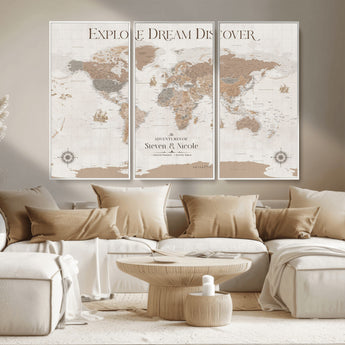 63516865-MGV-CV-36X24-Explore Dream Discover World Map Wall Art – Inspirational Travel Adventure Canvas Print, Neutral Parchment Style Explorer Decor