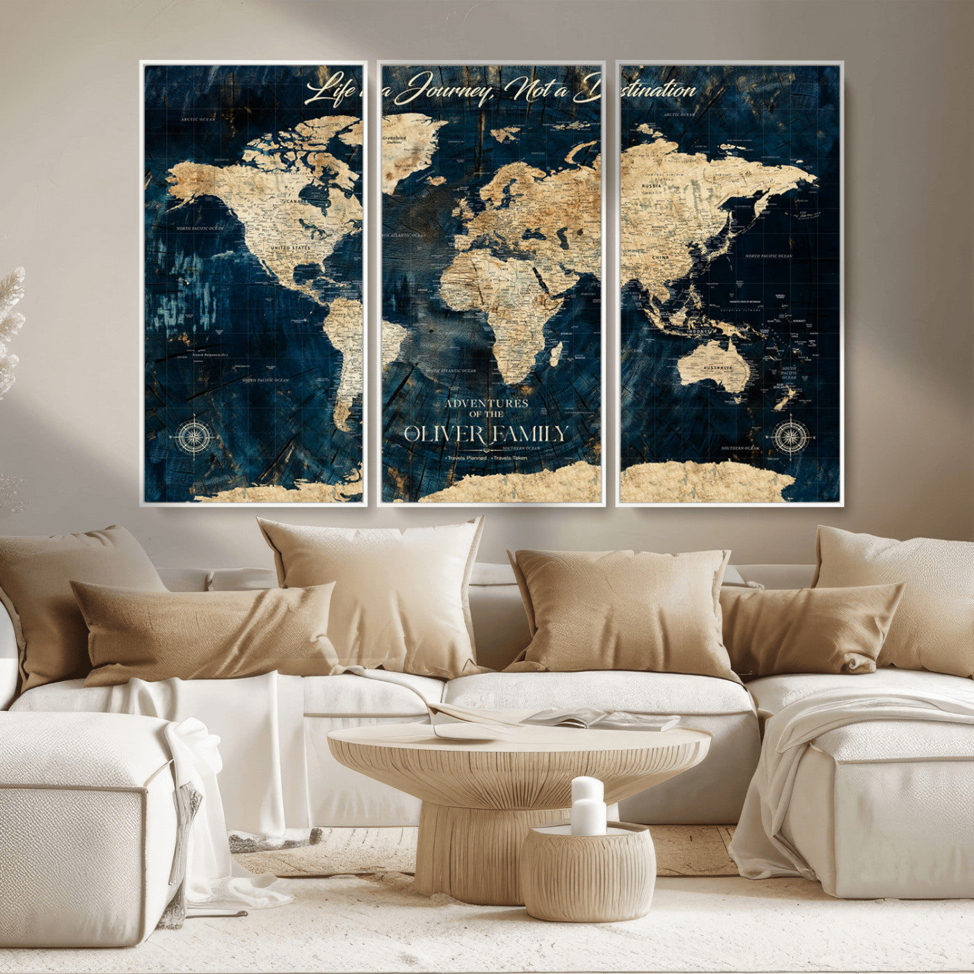 36970886-MGV-CV-36X24-Life is a Journey Not a Destination World Map Rustic Navy Beige Vintage Travel Wall Art Adventure Quote Canvas Print for Home
