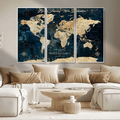 36970886-MGV-CV-36X24-Life is a Journey Not a Destination World Map Rustic Navy Beige Vintage Travel Wall Art Adventure Quote Canvas Print for Home