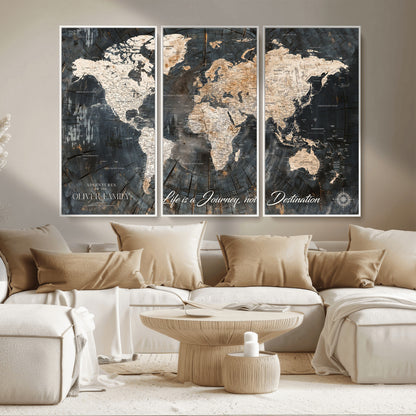 37848568-MGV-CV-36X24-Life is a Journey Not a Destination World Map Rustic Wood Texture Vintage Beige Navy Adventure Wall Art Canvas Print for Home