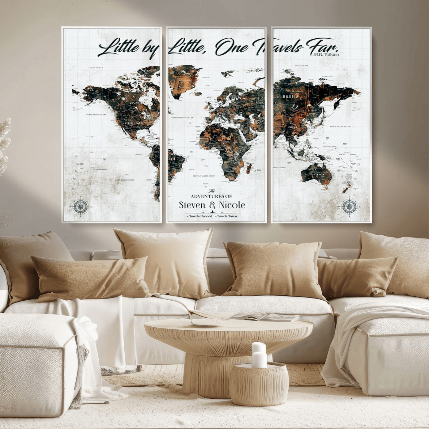 88337180-MGV-CV-36X24-Little by Little One Travels Far Tolkien Quote World Map Rustic Black Brown Adventure Wall Art Canvas Print for Home Office Living