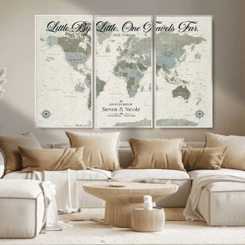10693204-MGV-CV-36X24-Little By Little One Travels Far Tolkien Quote Blue Green World Map Adventure Wall Art Canvas Print Rustic Wanderlust Travel Decor