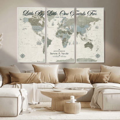 10693204-MGV-CV-36X24-Little By Little One Travels Far Tolkien Quote Blue Green World Map Adventure Wall Art Canvas Print Rustic Wanderlust Travel Decor