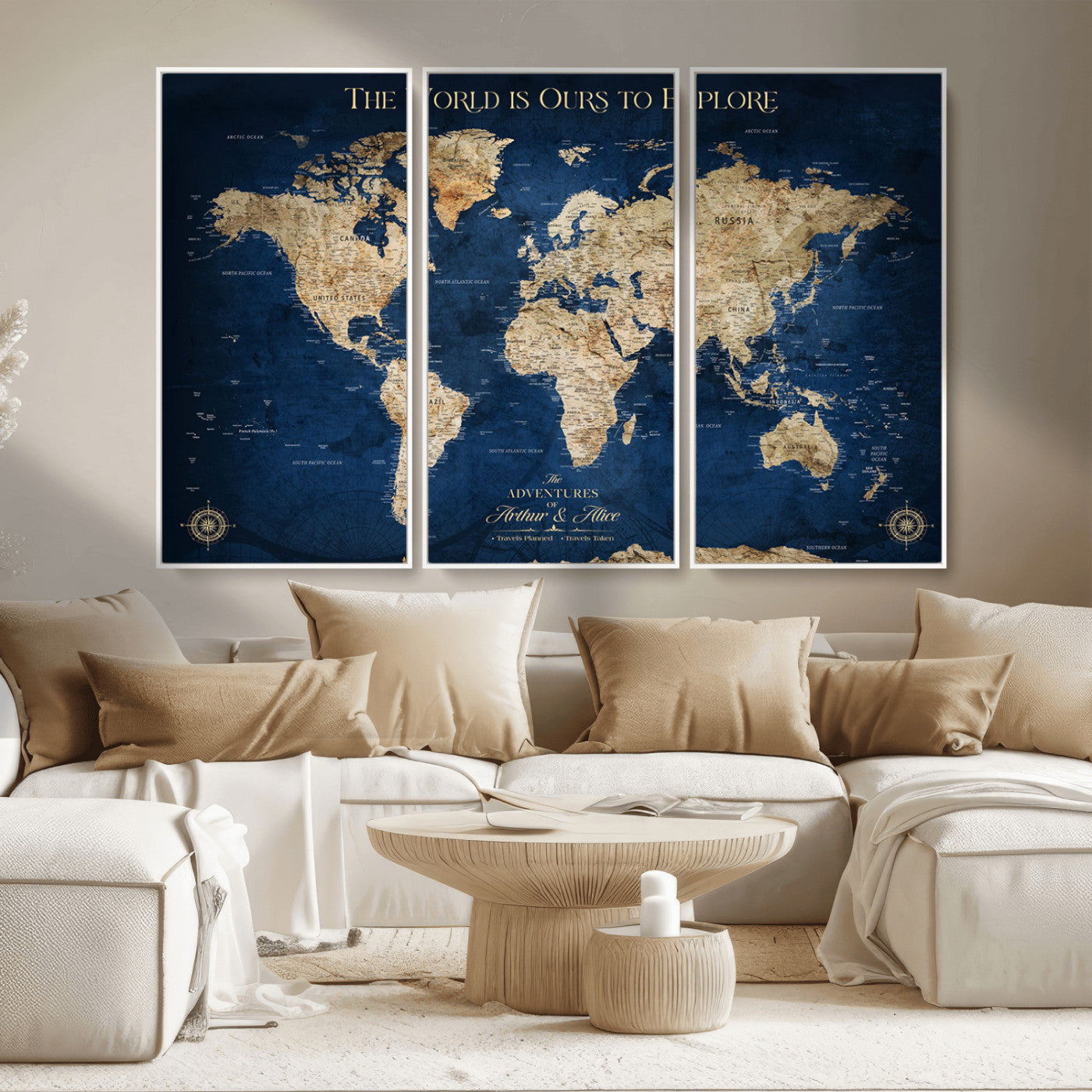54782997-MGV-CV-36X24-The World is Ours to Explore Wall Art – Blue World Map Canvas Print, Adventure Travel Decor for Home, Office or Living Room,