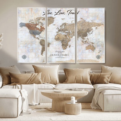 43924907-MGV-CV-36X24-Live Love Travel Wall Art – Neutral World Map Canvas Print, Rustic Adventure Decor for Home, Office or Living Room, Unique Gift
