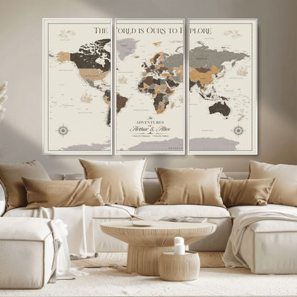 90024882-MGV-CV-36X24-The World is Ours to Explore Wall Art – Earth Tone World Map Canvas Print, Adventure Travel Decor for Living Room, Office or