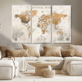 99422096-MGV-CV-36X24-Adventure Awaits World Map Wall Art – Neutral Beige Canvas Print, Modern Travel Inspired Wall Decor for Living Room, Bedroom or