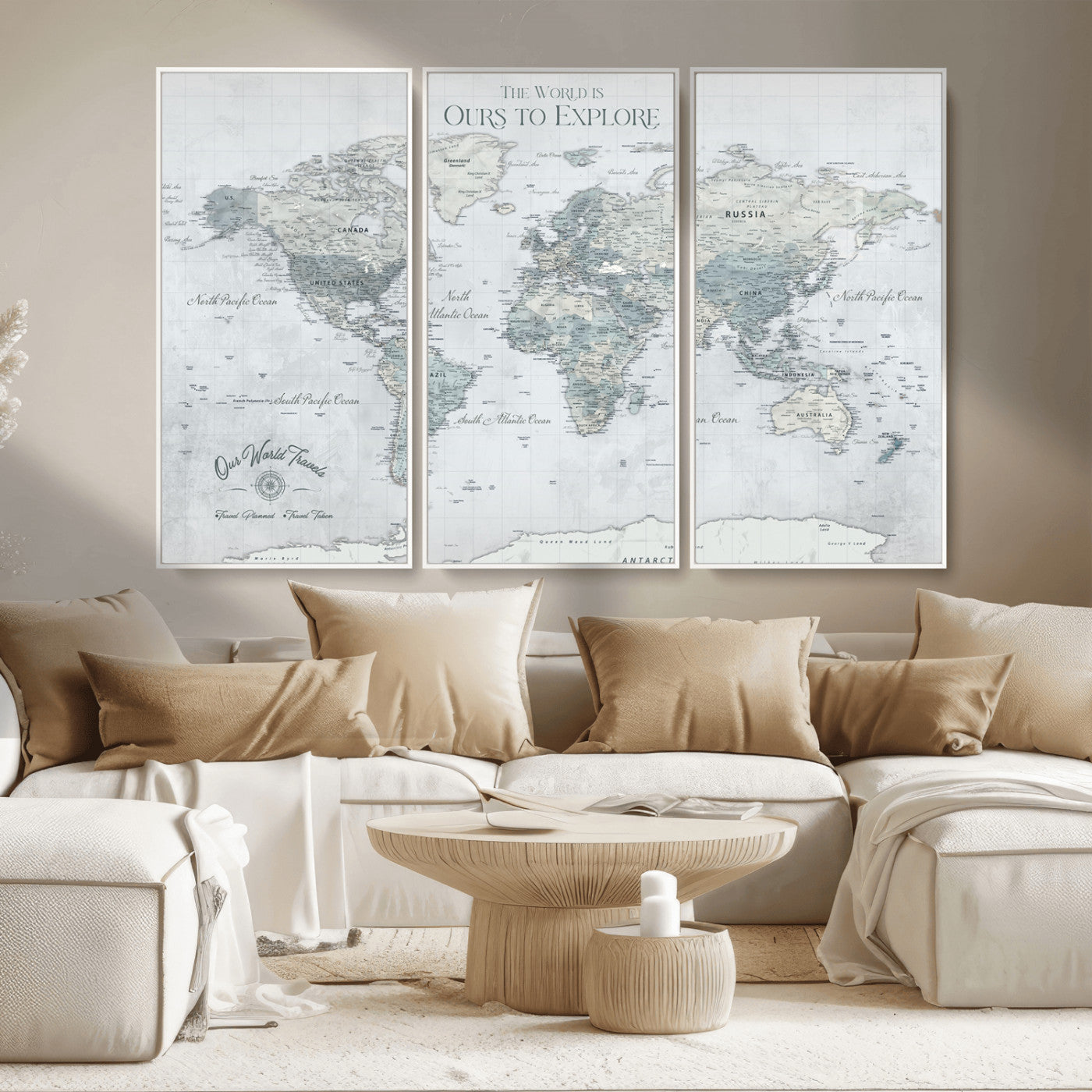 94249974-MGV-CV-36X24-Ours Explore World Map Wall Art – Modern Travel Canvas Print, Neutral Adventure Decor for Living Room, Office, Study, Bedroom,