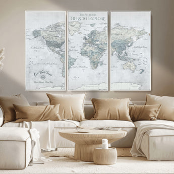 94249974-MGV-CV-36X24-Ours Explore World Map Wall Art – Modern Travel Canvas Print, Neutral Adventure Decor for Living Room, Office, Study, Bedroom,